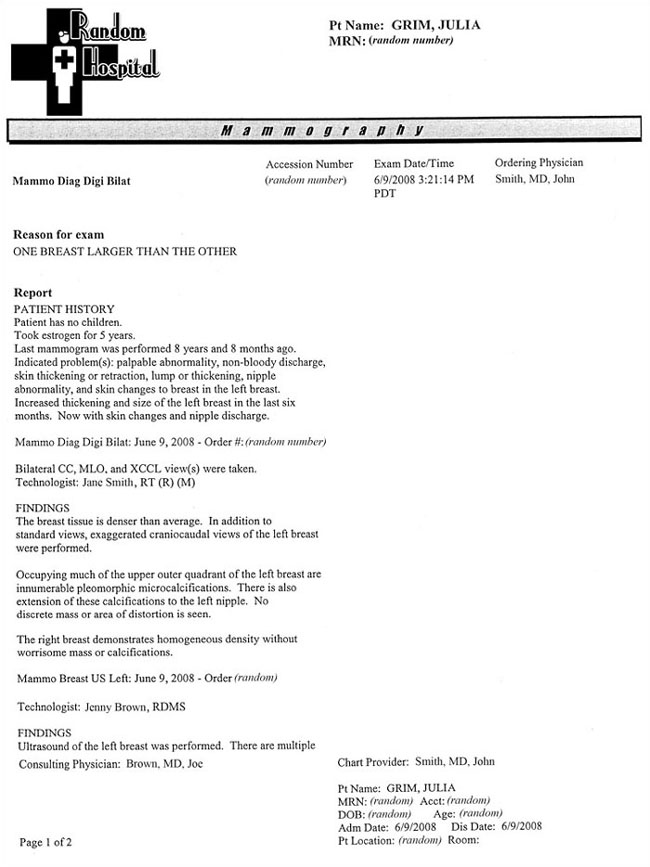 Page one of the initial mammogram...