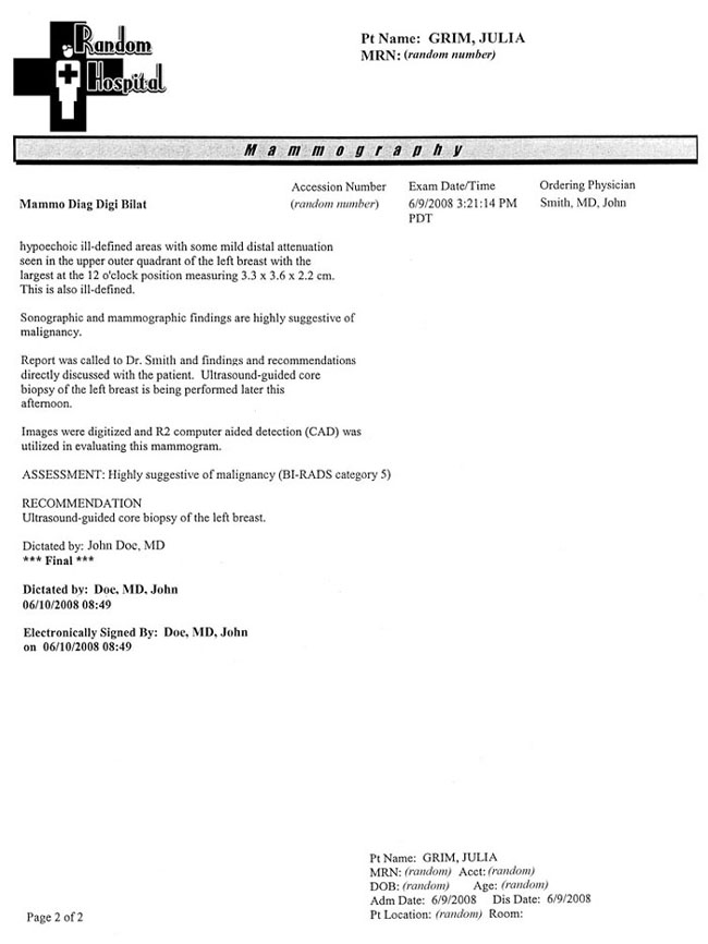 Page two of the initial mammogram...
